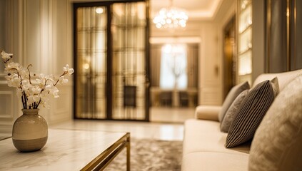 Elegant living room with a plush sofa, marble coffee table, and vase of flowers