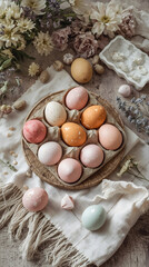 Pastel Easter: Decorative Eggs in a Tray on Linen Cloth.