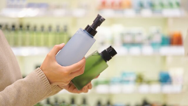 Customer compares two Skincare or Hair Care bottles in the supermarket aisle or beauty store, making a purchasing decision. Close up of unrecognizable female hands examining and reading product labels