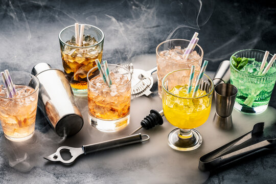 Summer Cocktails and Bartender Tools on Dark Table, Bar Mixology Concept
