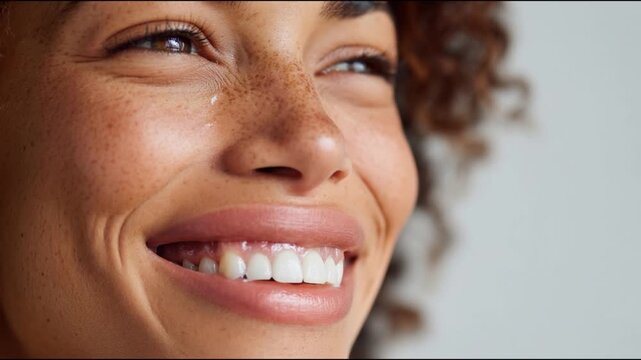 Emotional close-up video of a woman smiling as joyful tears form in her eyes. Ideal for themes of positive emotions, relief, gratitude, transformation, and human connection.
