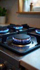 A sleek, modern natural gas stovetop with gleaming burners, ready for cooking Perfect for kitchen design, home improvement, and culinary-themed projects , stove, energy