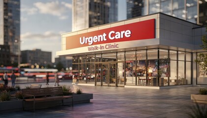 Obraz premium Urban plaza setting featuring a modern urgent care clinic with prominent walkin signage medium shot capturing sharp building details against blurred cityscape.