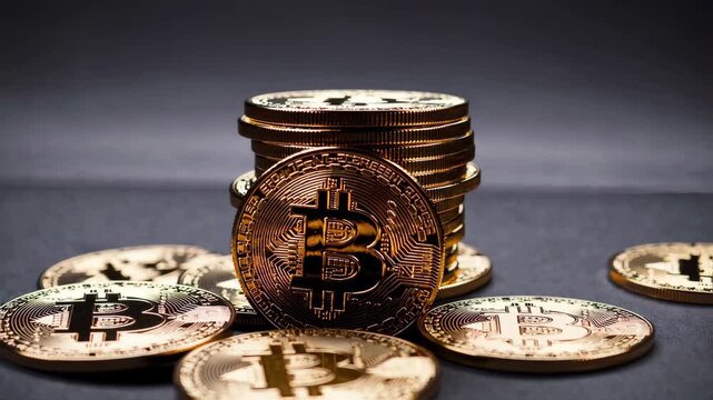 Stack of Bitcoin coins on dark background representing cryptocurrency wealth