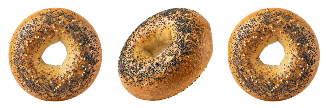Three Everything Bagels with Poppy Seeds and Sesame Seeds Isolated on White