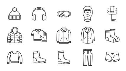 Vector icons of winter clothing and accessories for cold weather, skiing, and sports, including a beanie, headphones, goggles, balaclava, scarf, puffer jacket, polo shirt, bomber jacket, blazer, socks