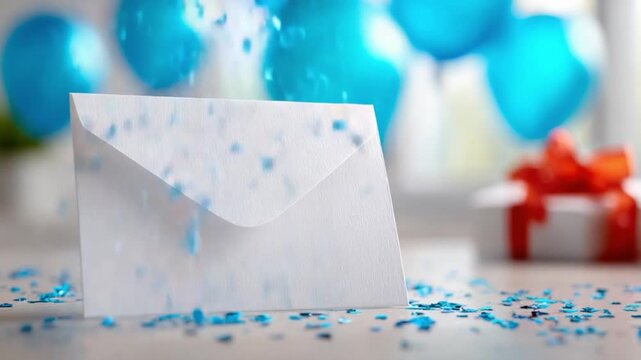 Awaiting Anticipation: An intimate glimpse into a scene of anticipation, where a pristine envelope sits amidst scattered confetti and celebratory decorations, ready to deliver a heartfelt message.