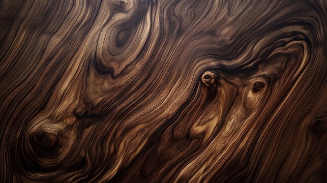 Natural dark brown wood surface with flowing grain, organic walnut wood grain texture background.