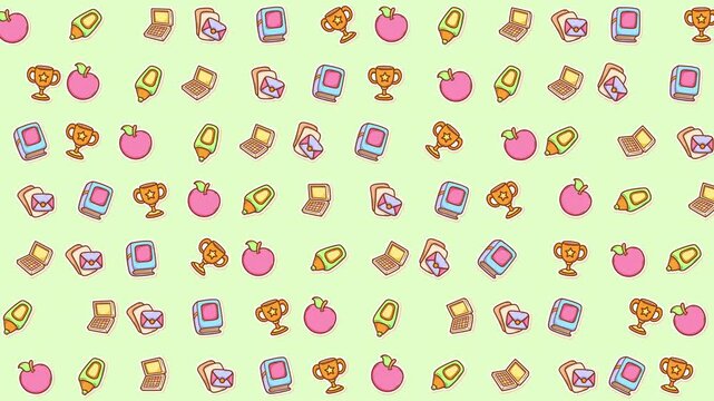 Repeated cartoon icons of apple computers and office equipment on green, suitable for business websites, presentations, and techrelated design projects.