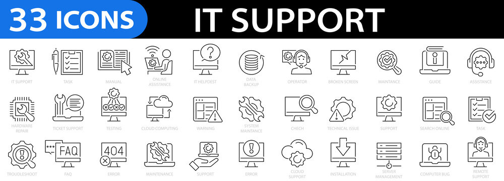 IT support 33 icon set. Troubleshooting icons. Computer bug. Online assistance. IT helpdesk. Installation. Maintenance. Editable stroke, Vector illustration
