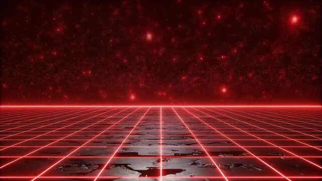 Abstract Red Grid Landscape with Glowing Particles in Outer Space