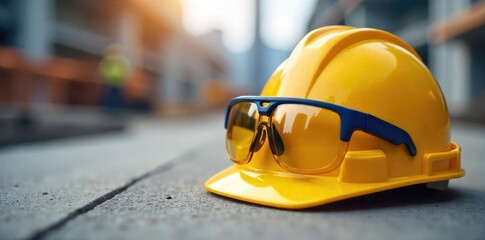 Close-up shot of a hard hat and safety glasses on a construction site, emphasizing workplace safety protocols and equipment ,  fall protection,  OSHA