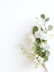 白い背景に飾られたユーカリと白い花のフラワーアレンジメント