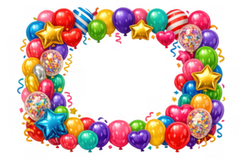 Colorful birthday party celebration frame with balloons, confetti, and streamers forming a festive decorative border