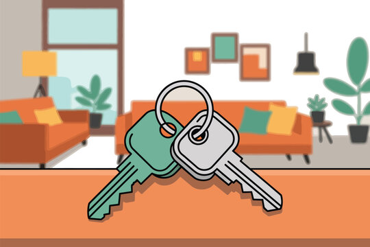A set of house keys on a table in a modern living room with a couch and plants