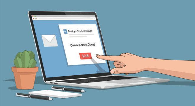Hand pressing send button on laptop screen for email communication, digital message and online connection concept