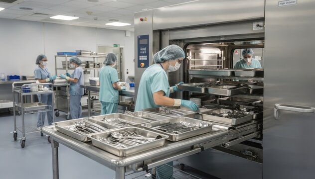 Clean instrument trays being loaded into a highvolume sterilizer by staff in a bustling sterile processing room highlighting efficiency and teamwork under soft lighting.
