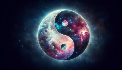 The yin yang symbol floats in a cosmic background filled with vibrant colors. It represents harmony between dual forces in the universe
