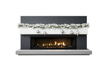 Obraz premium Modern christmas fireplace with frosted garland and silver ornaments, creating a cozy winter holiday atmosphere