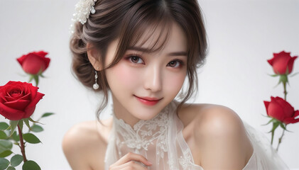 Beauty portrait of a beautiful young woman. Beautiful natural face, beauty image, red rose flower.美しい若い女性の美容ポートレート。美しい素顔、美容イメージ、赤い薔薇の花。
