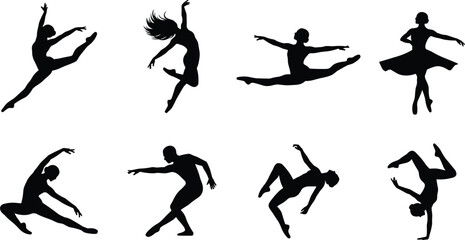Obraz premium Dancer silhouette set showing ballet and contemporary dance poses with jumps, spins and acrobatic movements isolated on white background for art, fitness, performance design