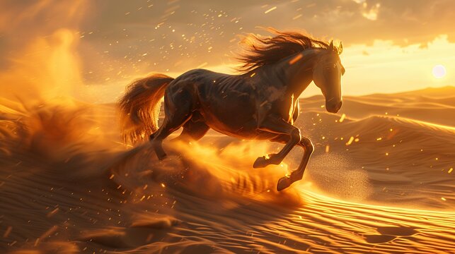 砂嵐の夕陽を駆ける黒馬