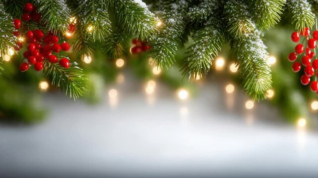 Christmas Decoration: A vibrant and festive Christmas tree branch adorned with delicate fairy lights and charming red berries, exuding warmth and the essence of the holiday season.