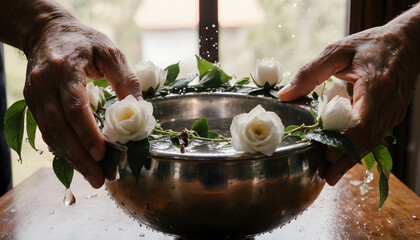 Hands placing fresh Thai jasmine and rose garland on silver bowl for Songkran  