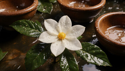 Close-up of delicate jasmine flower with water droplets during Songkran  