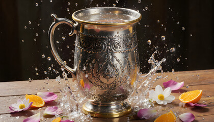Silver water cup with traditional Thai engravings and golden trim  