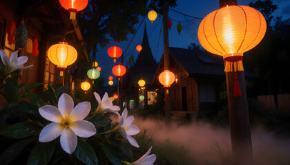 Jasmine flowers blooming under colorful lantern lights during Songkran  