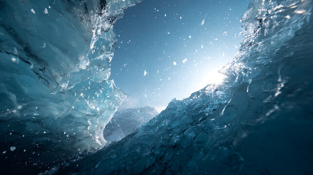 Cinematic low angle view inside a blue glacial crevasse where bright sunlight illuminates flying ice crystals and translucent frozen walls.