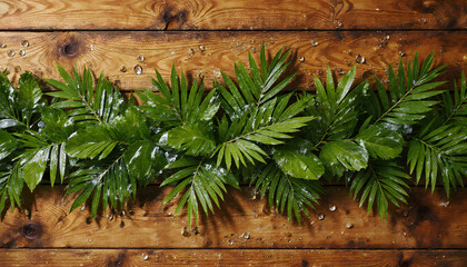 Decorative element composed of multiple green palm leaves with water droplets  