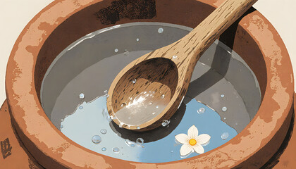 Wooden water ladle resting in clay pot with water and flower, concept of Songkran  