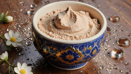 Ceramic bowl filled with powder paste for Songkran festival  
