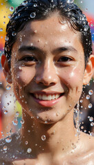 Young person smiling with water droplets on face during celebration of Songkran  