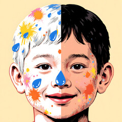 Child smiling with colorful face paint in vibrant Thai pop art style - Concept of Songkran  