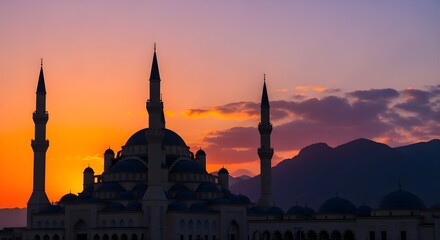 Majestic Mosque Silhouetted Against a Vibrant Sunset Sky with Dramatic Mountains in the Background