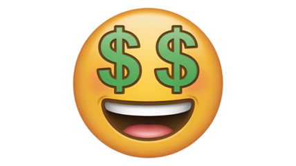 Smiling yellow emoji with green dollar signs for eyes showing happiness and financial success isolated on transparent white background