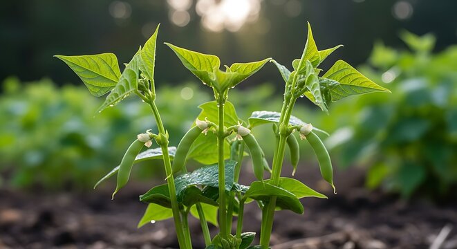 Young green bean plants grow in fertile soil under soft sunlight.