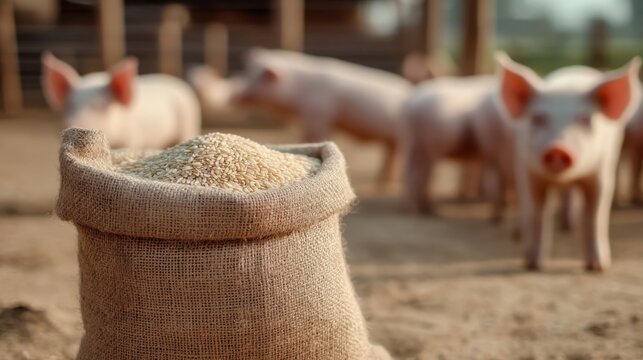 Fresh Rice Sack Surrounded by Curious Farm Pigs in a Sunlit Barn Setting