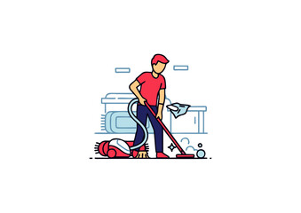Obraz premium A vibrant vector illustration depicting a diligent man performing essential household cleaning tasks, skillfully using a vacuum cleaner to maintain a spotless and organized living space