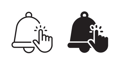 Obraz premium Two bell icons with hand touching line and filled on transparent background silhouette