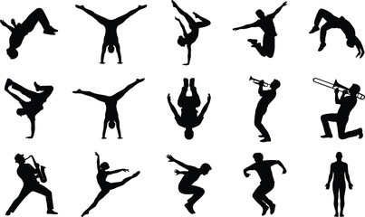 Dance and music performer silhouettes set showing breakdance, acrobatics, jazz trumpet actions, dynamic movement illustration for stage art design © Mahamudul