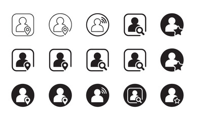 User profile icons with location and search features on transparent background silhouette