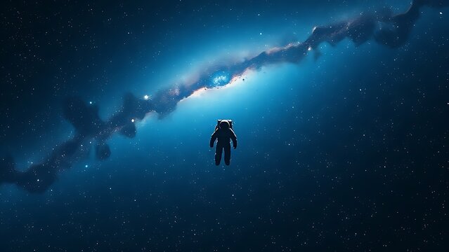 A lone illuminated astronaut floating in an impossibly vast star-filled cosmic void, representing the infinite universe scale.
