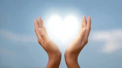 Hands Holding Bright Heart Symbol Against Clear Sky in Emotion of Love, Care, and Compassionful Gesture