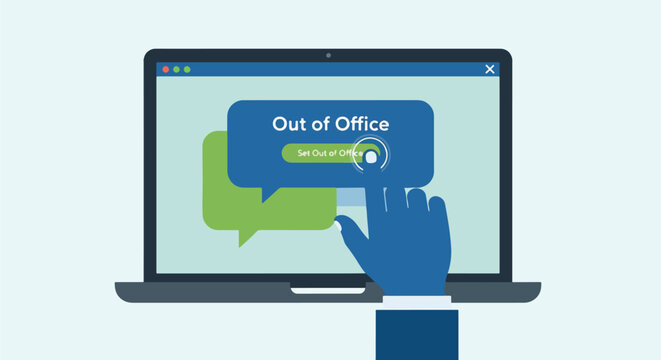 Setting an 'Out of Office' automatic reply on a laptop screen, illustrating a digital communication feature for vacation, holiday, or unavailability. Vector.