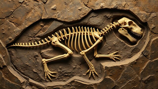 Fossilized skeleton emerging from stone, its bones transforming into a star map of the Permian period.