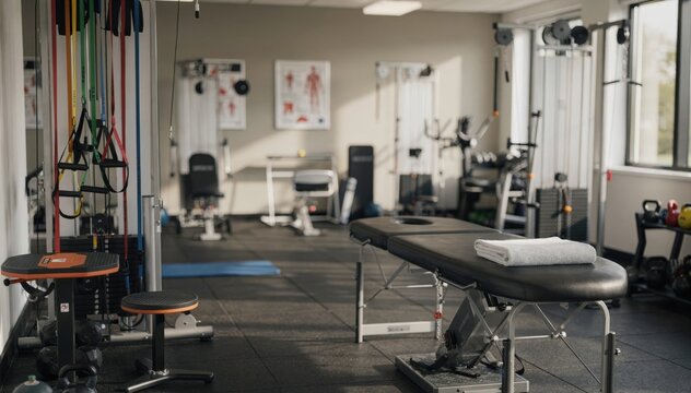 Sports injury rehab gym with focused view on dynamic exercise apparatus and physiotherapy tools treatment area in the background blending into a gentle blur